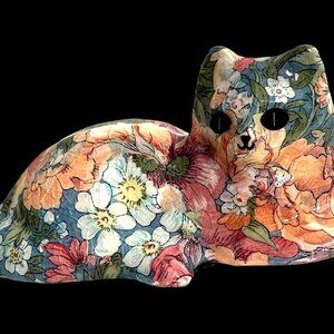 Vintage 7 Inch Laying Cat Ceramic Floral Pattern Figurine Felt Bottom Crazing